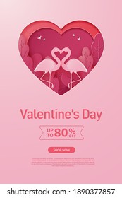 happy valentine's day banners sale promotion and discount, paper cut art style. Premium Vector