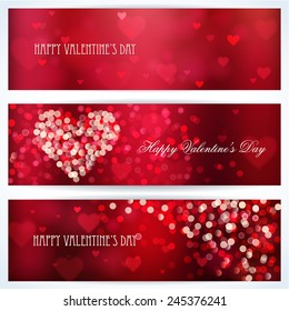 Happy Valentine's day banners. Shiny hearts and light vector background 