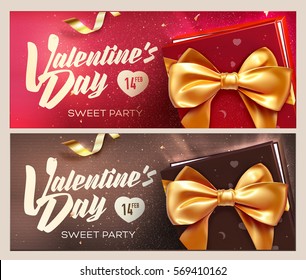 Happy Valentine's Day banners. Top view on gift box and bow with beautiful backdrop. Vector illustration