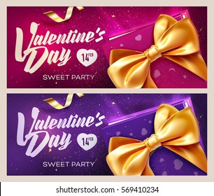 Happy Valentine's Day banners. Top view on gift box and bow with beautiful backdrop. Vector illustration