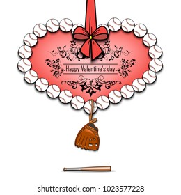 Happy Valentines Day. Baseball balls laid out in the shape of the heart and decorated with a bow. Baseball glove hanging on a cord. The baseball bat lies under the heart. Vector illustration