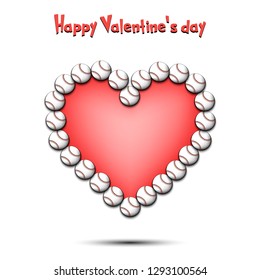 Happy Valentines Day. Baseball balls laid out in the shape of the heart on isolated background. Design pattern for greeting card, banner, poster, flyer,  invitation party. Vector illustration