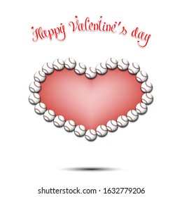 Happy Valentines Day. Baseball balls located in the form of a heart on an isolated background. Design pattern for greeting card, banner, poster, flyer,  invitation party. Vector illustration