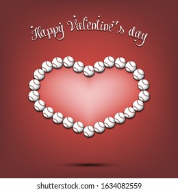 Happy Valentines Day. Baseball balls located in the form of a heart on an isolated background. Design pattern for greeting card, banner, poster, flyer,  invitation party. Vector illustration