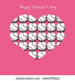 Happy Valentines Day. Baseball balls located in the form of a heart on an isolated background. Design pattern for greeting card, banner, poster, flyer,  invitation party. Vector illustration