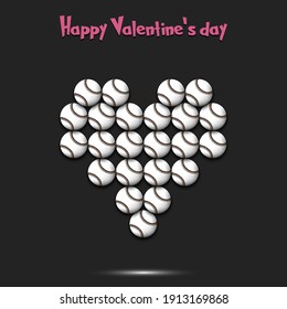 Happy Valentines Day. Baseball balls located in the form of a heart. Design pattern on the baseball theme for greeting card, logo, emblem, banner, poster, flyer, badges. Vector illustration