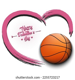 Happy Valentines Day. Basketball ball and heart. Design pattern on the basketballl theme for greeting card, logo, emblem, banner, poster, flyer, badges. Vector illustration