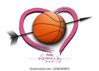 Happy Valentines Day. Basketball ball, arrow and heart. Design pattern on the basketball theme for greeting card, logo, emblem, banner, poster, flyer, badges. Vector illustration