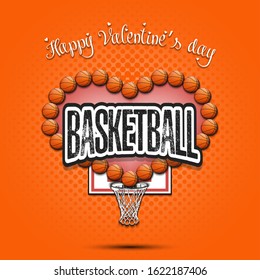 Happy Valentines Day. Basketball balls located in the form of a heart and basket on an isolated background. Design pattern for greeting card, banner, poster, flyer, invitation. Vector illustration