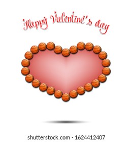 Happy Valentines Day. Basketball balls located in the form of a heart on an isolated background. Design pattern for greeting card, banner, poster, flyer,  invitation party. Vector illustration