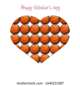 Happy Valentines Day. Basketball balls located in the form of a heart on an isolated background. Design pattern for greeting card, banner, poster, flyer,  invitation party. Vector illustration