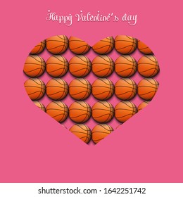 Happy Valentines Day. Basketball balls located in the form of a heart on an isolated background. Design pattern for greeting card, banner, poster, flyer,  invitation party. Vector illustration