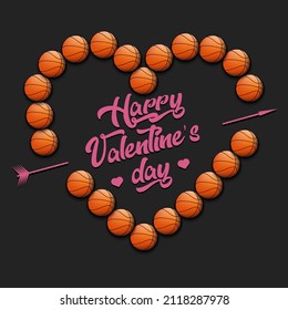 Happy Valentines Day. Basketball balls laid out in the shape of the heart. Design pattern for greeting card, banner, poster, flyer,  invitation party. Vector illustration on isolated background