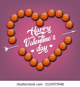 Happy Valentines Day. Basketball balls laid out in the shape of the heart. Design pattern for greeting card, banner, poster, flyer,  invitation party. Vector illustration on isolated background