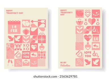 Happy Valentines Day Bauhaus Geometric Posters templates set Pink Pastel. Minimalist design Modern Concept for banner, card, cover. Romantic vector layouts in style with geometric elements and symbols