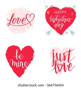 Happy Valentines Day, Be mine, Just love greeting cards, posters with watercolor hand drawn stain, hearts. Vector background with hand lettering. Set.