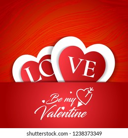 Happy Valentines Day. Be my Valentine greeting card. White hearts on a red gradient background.