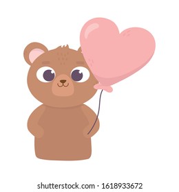 happy valentines day, bear with balloon shaped heart love celebration vector illustration