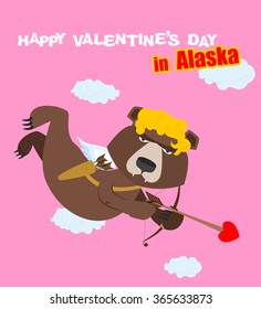 Happy Valentines day. Bear Cupid with bow. Angel wild beast. Animal in yellow curly wig. Cupids from Alaska. Russian shaggy. Funny greeting card all lovers day on February 14