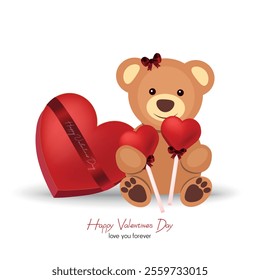 Happy valentines day, bear holding heart sweets and chocolate candy behind	