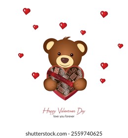 Happy valentine's day, bear holding big heart sweets box and hearts around	