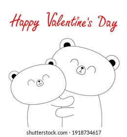 Happy Valentines day. Bear hugging couple family. Hug, embrace, cuddle. White contour silhouette. Cute kawaii funny cartoon character. Greeting card. Grizzly. Baby pet background. Flat design. Vector