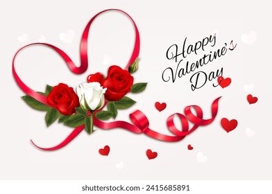 Happy Valentine's Day beautiful background with red and white roses and red heart shape ribbon Vector.