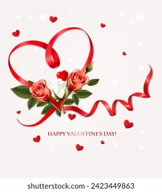 Happy Valentine's Day beautiful background with colorful roses and red heart shape ribbon Vector.