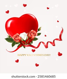 Happy Valentine's Day beautiful background with colorful roses and red heart with ribbon. Vector.