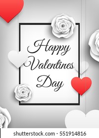 Happy valentines day beautiful banner with black frame, white and red hearts, and white flowers. Vector illustration, eps10
