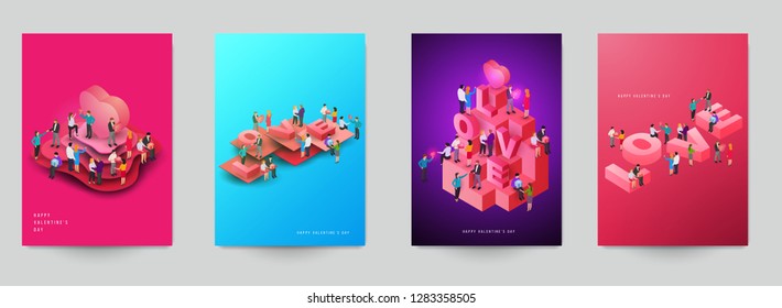 Happy valentine's day beautiful design template. Minimal composition in 3d isometric view. Set holiday background for branding greeting card, banner, cover, flyer or poster. Vector illustration.