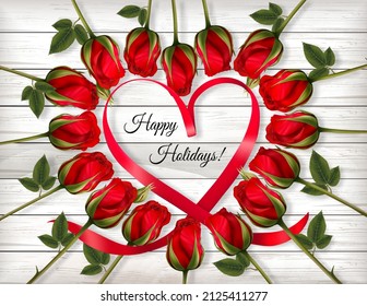 Happy Valentine's Day beautiful getting card with red roses and a red heart shape ribbon on wooden sign. Vector.