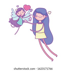 happy valentines day, beautiful girl and flying little cupid with arrow and hearts love vector illustration