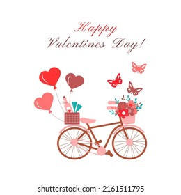 Happy Valentine's Day beautiful greeting card with bicycle, balloon, wine, heart. Vector illustration