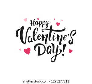 Happy Valentine's day! Beautiful hand drawn black lettering with pink hearts for greeting cards and print. - Vector