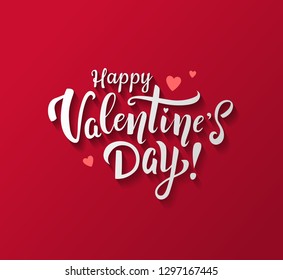 Happy Valentine's Day beautiful handwritten lettering on red background with small red hearts. - Vector