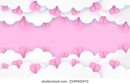 Happy Valentine's day  Beautiful paper cut white clouds with white heart frame on pink background. Vector illustration. Papercut style.