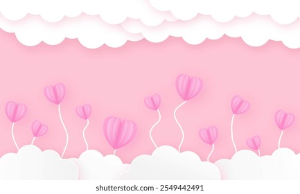 Happy Valentine's day  Beautiful paper cut white clouds with white heart frame on pink background. Vector illustration. Papercut style.