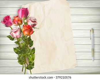 Happy Valentines day. Beautiful red rose and gift bow on wooden background. EPS 10 vector file included
