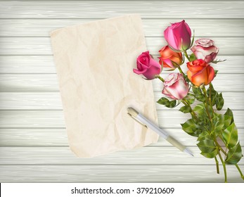 Happy Valentines day. Beautiful red rose and gift bow on wooden background. EPS 10 vector file included