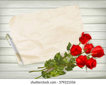 Happy Valentines day. Beautiful red rose and gift bow on wooden background. EPS 10 vector file included