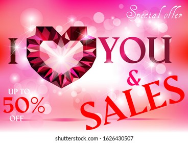 Happy Valentine's Day. Beautiful red(ruby) crystal realistic 3d hearts. Valentine's day sale. Romantic design for elegant greeting cards, wallpapers, flyers, invitations. Be my Valentine.