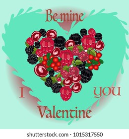Happy Valentine's Day with berries and heart on green. Vector Illustration.