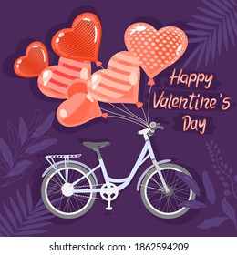 Happy Valentine's Day. Bicycle, Lot Balloons. Silhouettes Leaves and  Branches arrangement.Violet Background.Vector Illustration.10Eps.