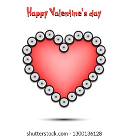 Happy Valentines Day. Bicycle wheel laid out in the shape of the heart on isolated background. Design pattern for greeting card, banner, poster, flyer,  invitation party. Vector illustration