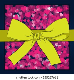 happy valentine's day big green bow greeting card, vector illustration 