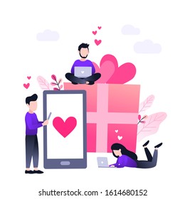 Happy Valentines day, big present and smartphone with heart. Small people with laptop, romantic background, banner design