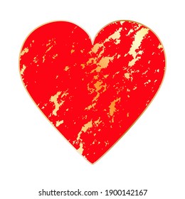 Happy Valentine's Day. Big red heart with gold marbled texture. For valentine, cover, flyer, poster, greeting card, packaging, sticker. Vector illustration. Isolated on white background.