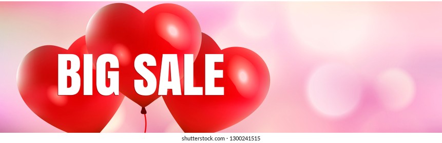 Happy Valentine's Day big sale card with red realistic banner and balloons in form of heart isolated on boke blurred pink background. Vector illustration