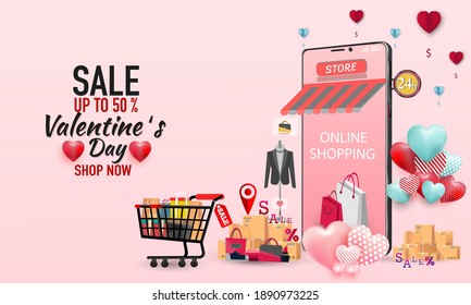 Happy valentines Day. Big Sale on mobile phone  online sale Pastel color with design for website banner or poster sale. Vector illustration.